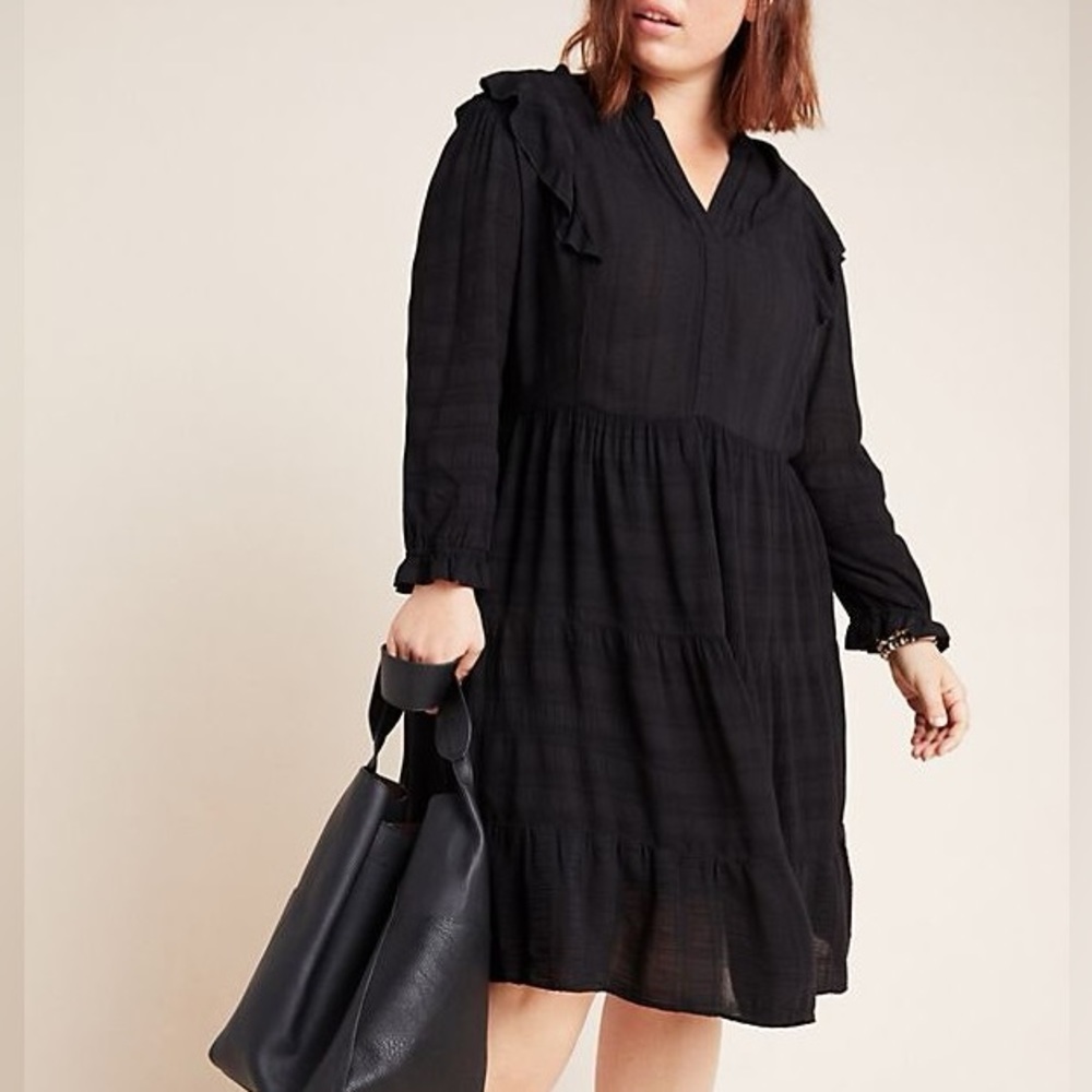 Anthropologie Amadi Rossi Ruffled Black Tunic Long Sleeve Dress Size 1X